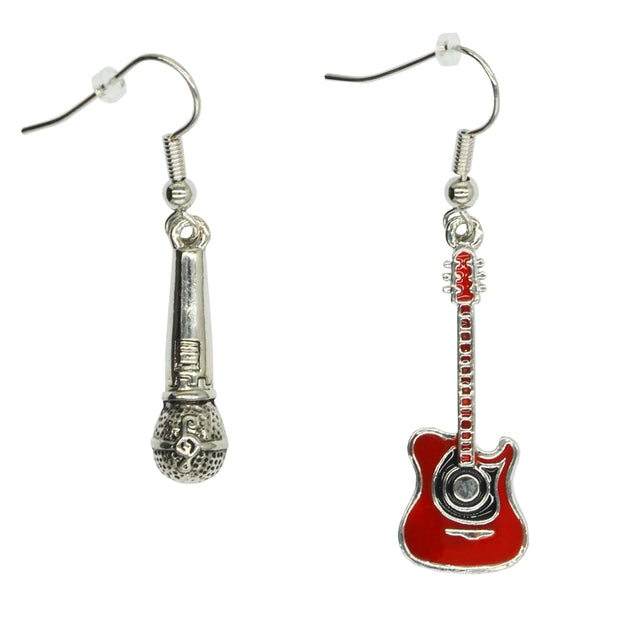 Silver Microphone and Red Electric Guitar Earrings