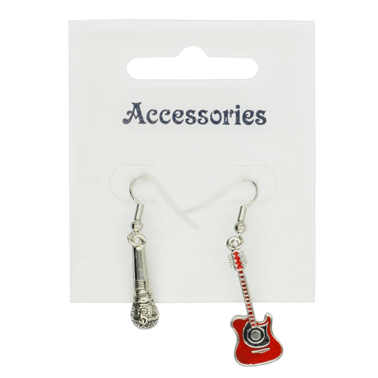 Silver Microphone and Red Electric Guitar Earrings
