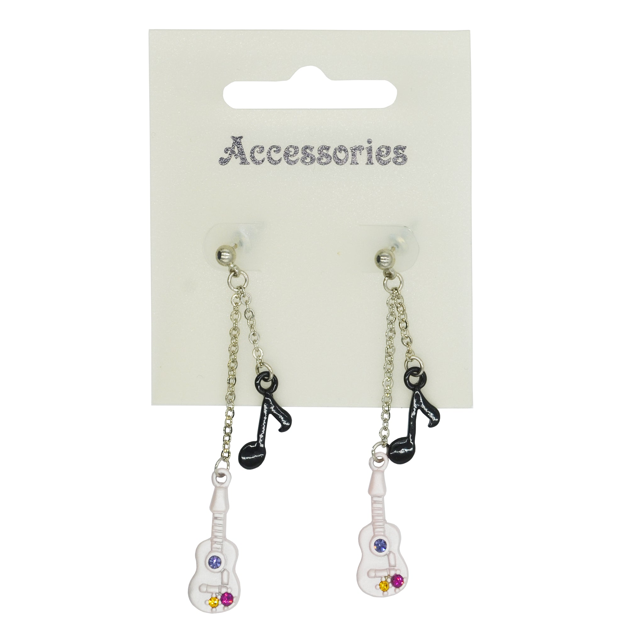 Guitar & Black Musical Note Chain Drop Earrings
