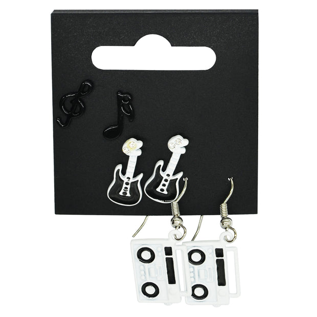 Electric Guitar with Diamante Stones Studs, Musical Notes Studs & Boombox Earrings on a Card