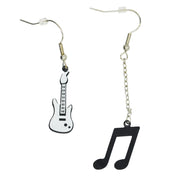 White Electric Guitar & Chain Drop Black Musical Note Earrings