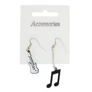 White Electric Guitar & Chain Drop Black Musical Note Earrings