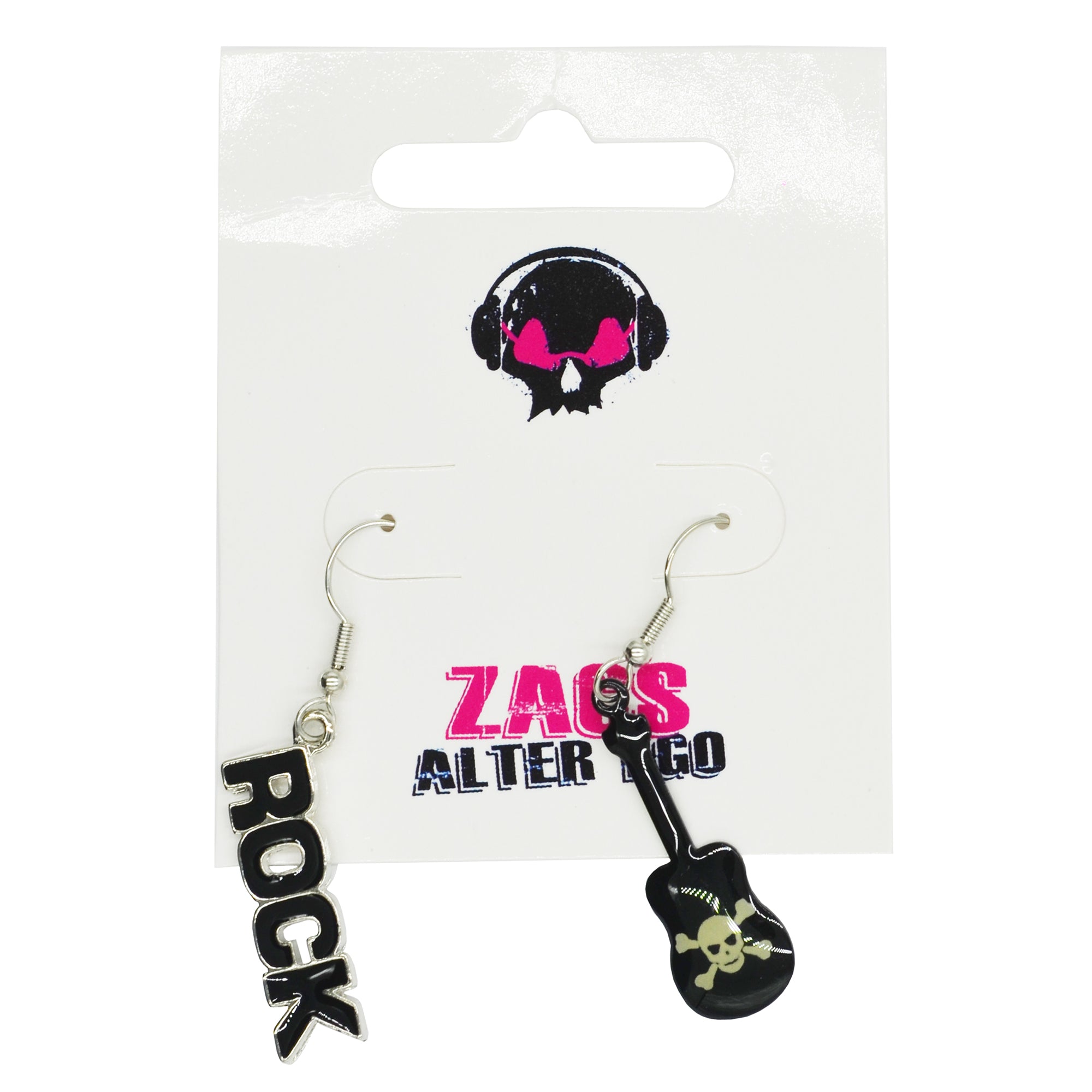 Black Rock and Skull & Crossbones Emblazoned Guitar Earrings