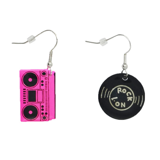Fuchsia Boombox & Black Record Earrings