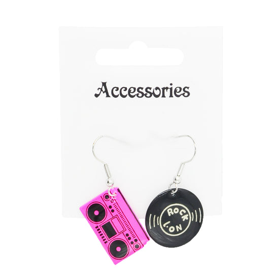 Fuchsia Boombox & Black Record Earrings