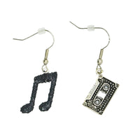 Black Glitter Musical Note & Silver Cassette Earrings