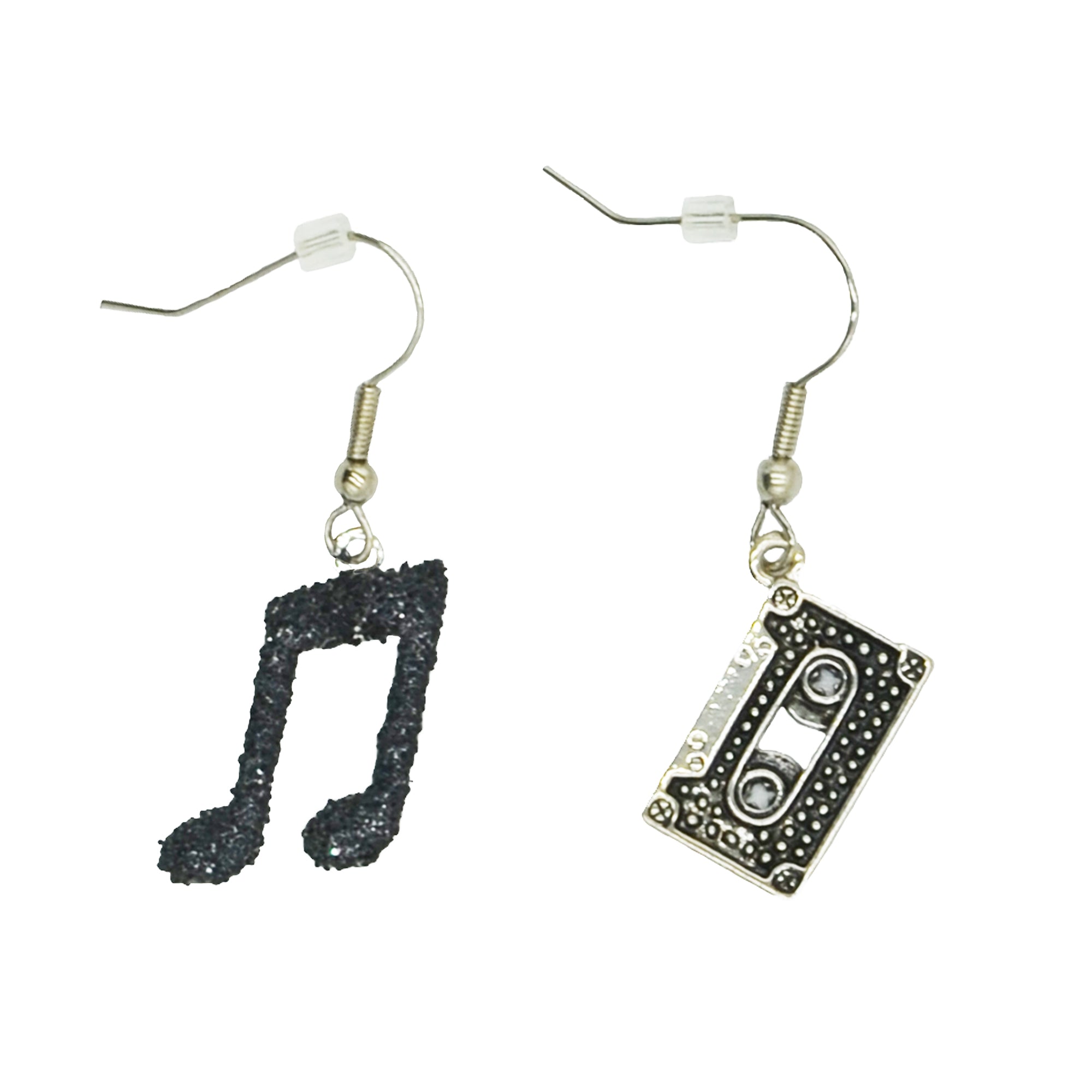 Black Glitter Musical Note & Silver Cassette Earrings