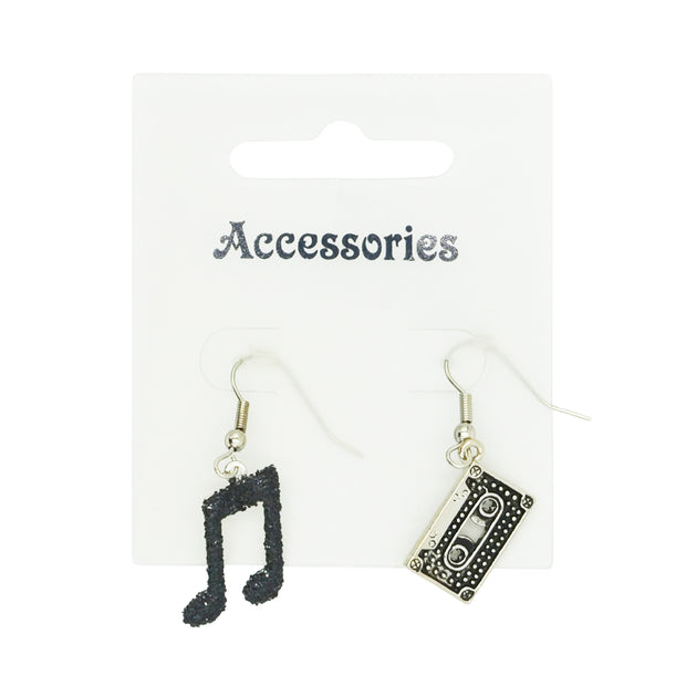 Black Glitter Musical Note & Silver Cassette Earrings