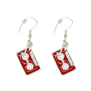 Red Cassette Earrings with Diamante Stones & Musical Note