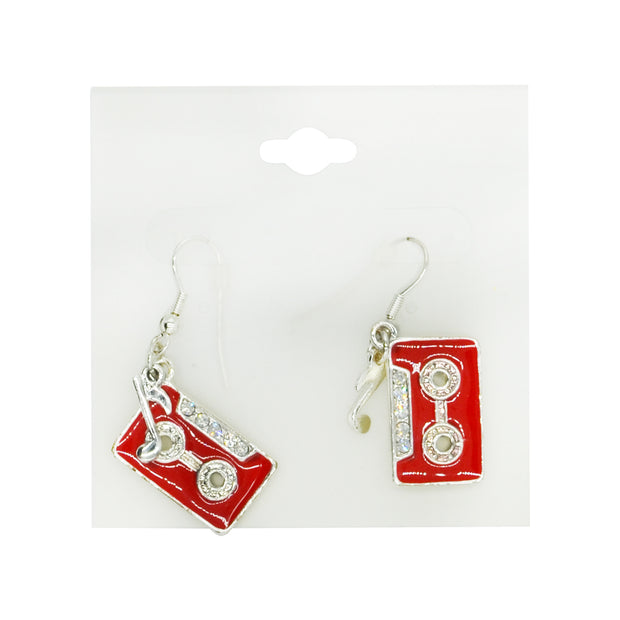 Red Cassette Earrings with Diamante Stones & Musical Note