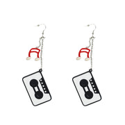 Black & White Cassette Chain Drop Earrings with Diamante Stones & Red Musical Notes