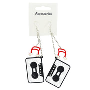 Black & White Cassette Chain Drop Earrings with Diamante Stones & Red Musical Notes