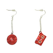 Red Cassette & Record Chain Drop Earrings with Diamante Stones