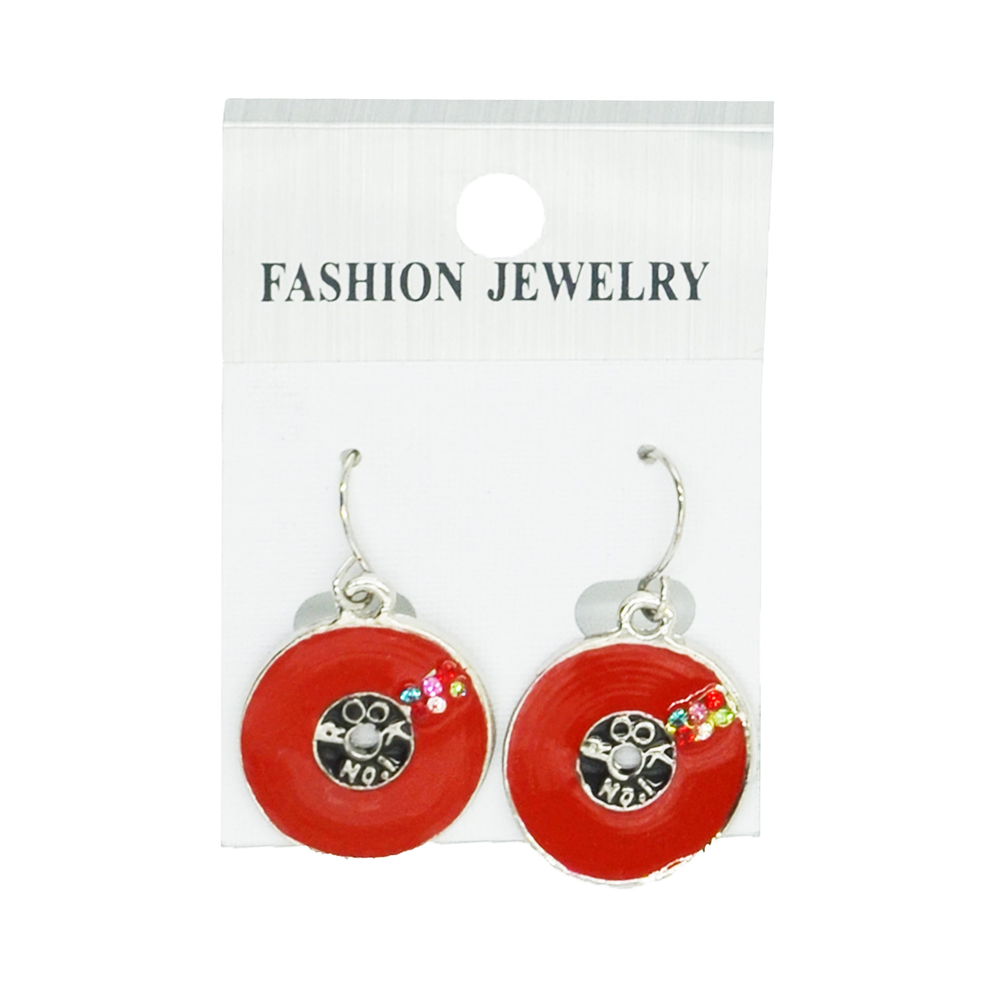 Red Record Earrings with Multicolour Diamante Stones