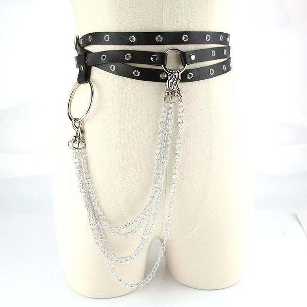 Eyelet Studded Triple Strap Belt with Triple Hip Chain