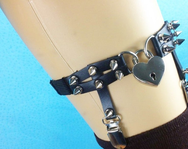 Spike Studs & Padlock PU Leg Garter with Clip on Braces