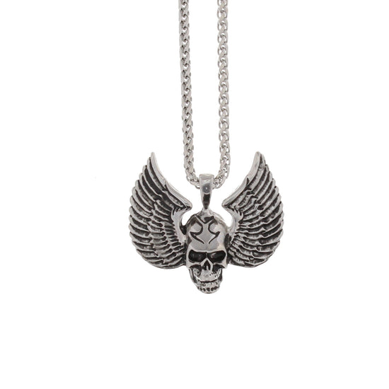Winged Skull Pendant on Rhodium Metal Necklace