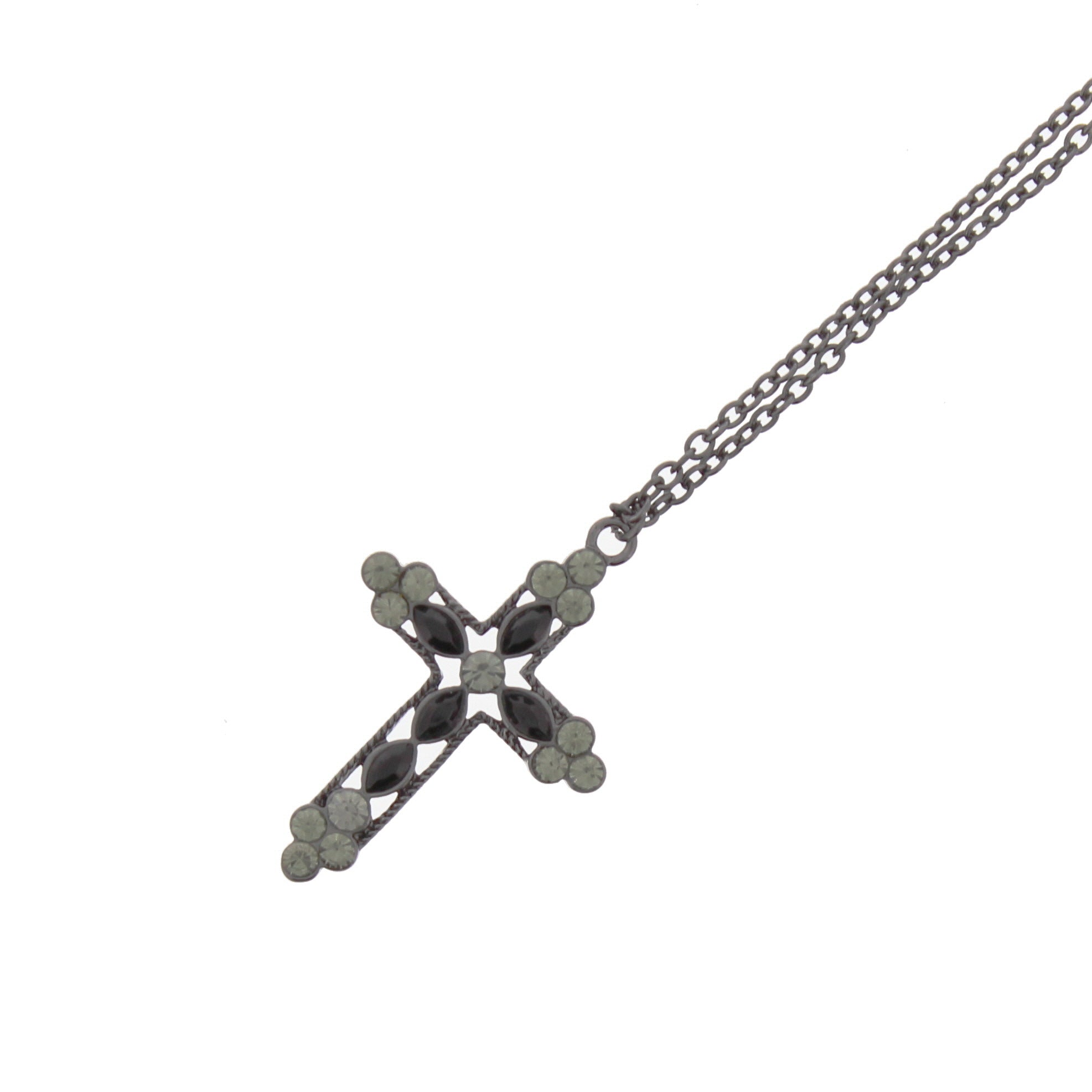 Black & Crystal Stone Cross on Gun Metal Chain
