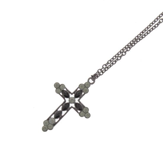 Black & Crystal Stone Cross on Gun Metal Chain