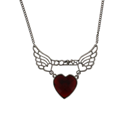 Winged Ruby Crystal Heart Rhodium Chain Necklace