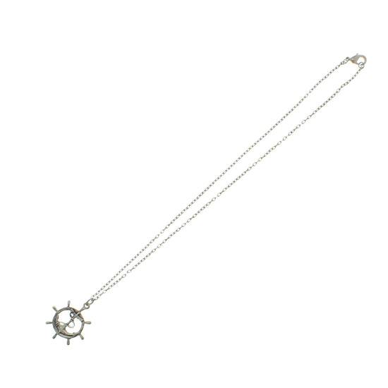 Silver Anchor in Nautical Wheel Pendant on Necklace