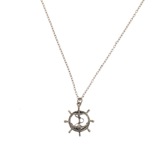 Silver Anchor in Nautical Wheel Pendant on Necklace
