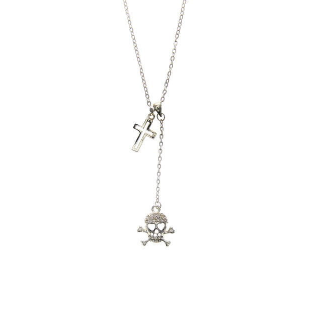Diamonte Skull and Crossbone and Cross Necklace (Chain 75cm, Pendant 5 x 3.5cm)