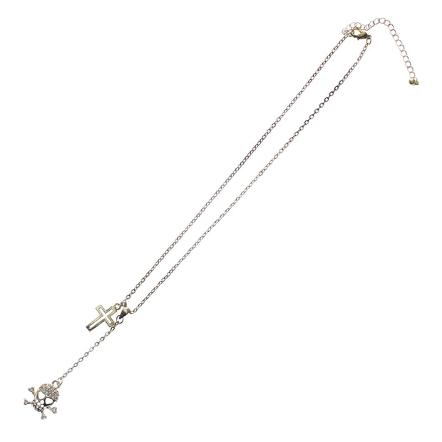 Diamonte Skull and Crossbone and Cross Necklace (Chain 75cm, Pendant 5 x 3.5cm)