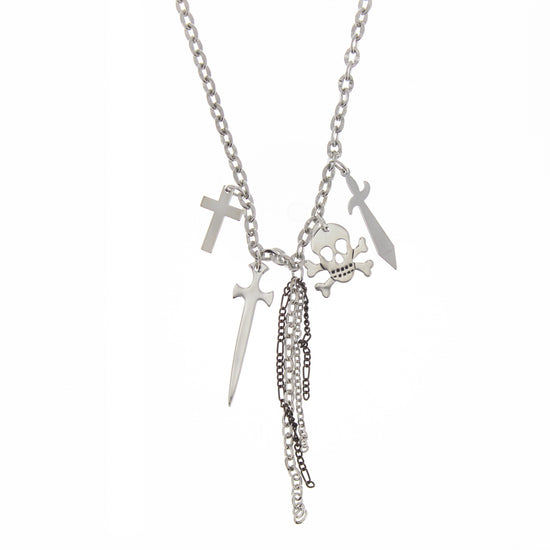Skull and Crossbone Cross and Dagger Charm Necklace