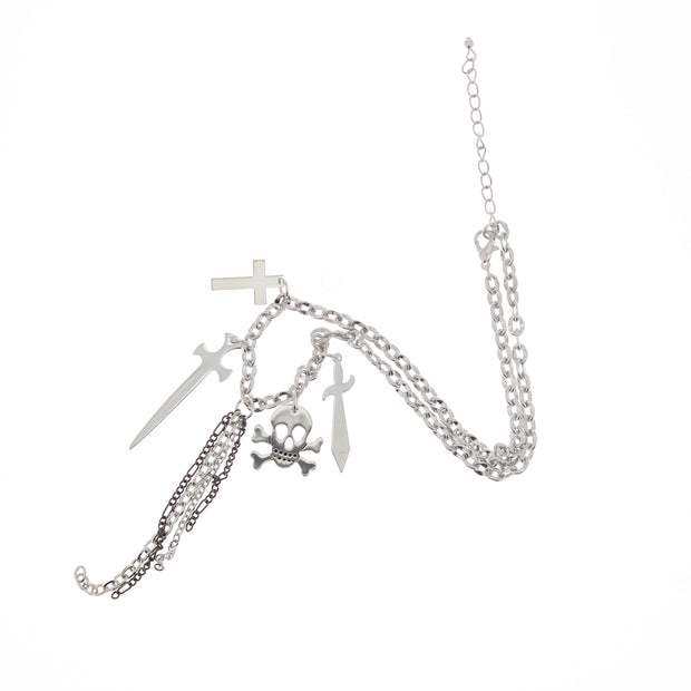 Skull and Crossbone Cross and Dagger Charm Necklace (Chain 40 + 5cm)