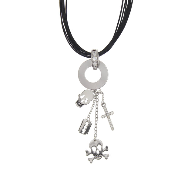 Multi Corded Necklace With Skull, Skull and Crossbone, Cross and Razor Blade Charms Cord 42cm)
