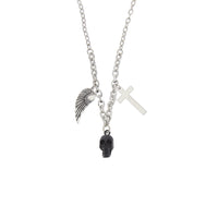 Black Skull, Feather and Cross Necklace