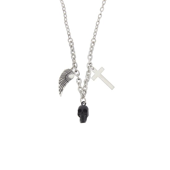 Black Skull, Feather and Cross Necklace