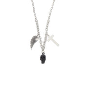 Black Skull, Feather and Cross Necklace (Chain 42cm, Pendants  3 x 1.5cm max )