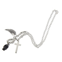Black Skull, Feather and Cross Necklace