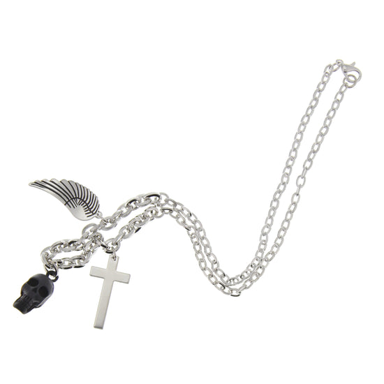 Black Skull, Feather and Cross Necklace