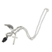 Black Skull, Feather and Cross Necklace (Chain 42cm, Pendants  3 x 1.5cm max )