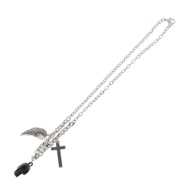 Black Skull, Feather and Cross Necklace (Chain 42cm, Pendants  3 x 1.5cm max )