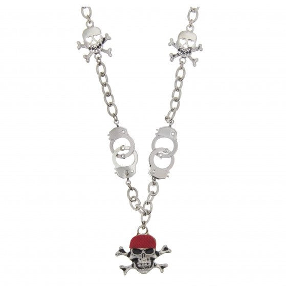 Pirate Skull and Crossbone Necklace with Handcuffs (Chain 44cm, Pendant 3 x 3cm)