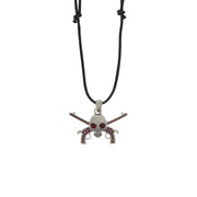 Red Eye Jewelled Skull with Cross Guns on Thong Necklace