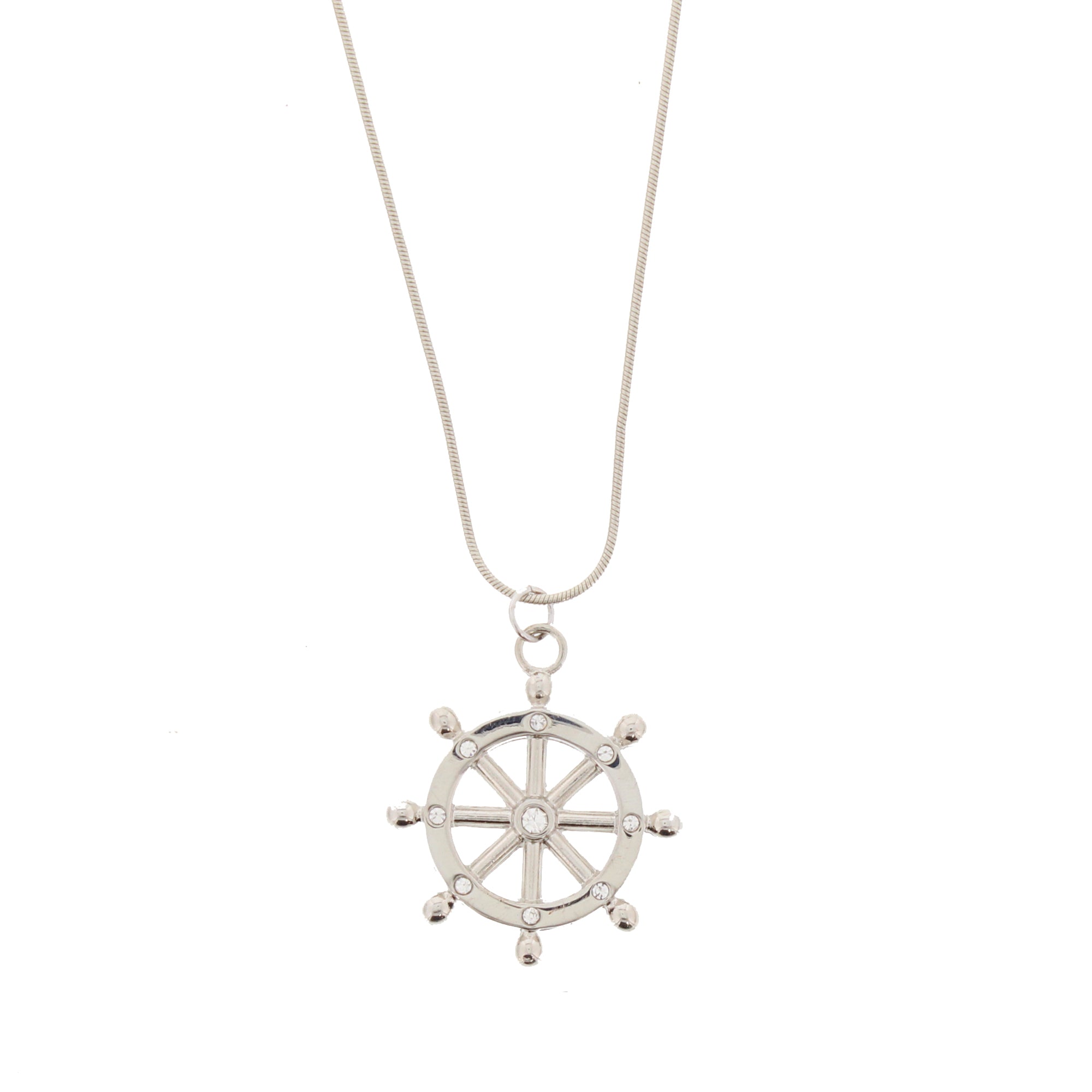 Nautical Wheel Pendant with Diamante Stones on Chain Necklace