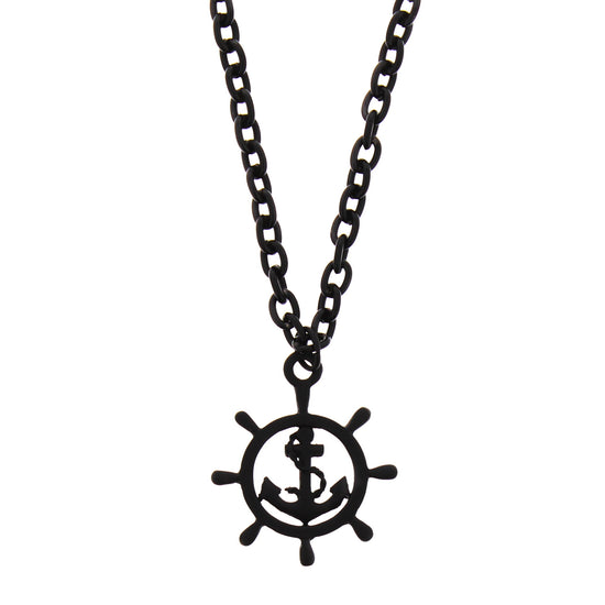 Black Anchor in Nautical Wheel Pendant on Necklace