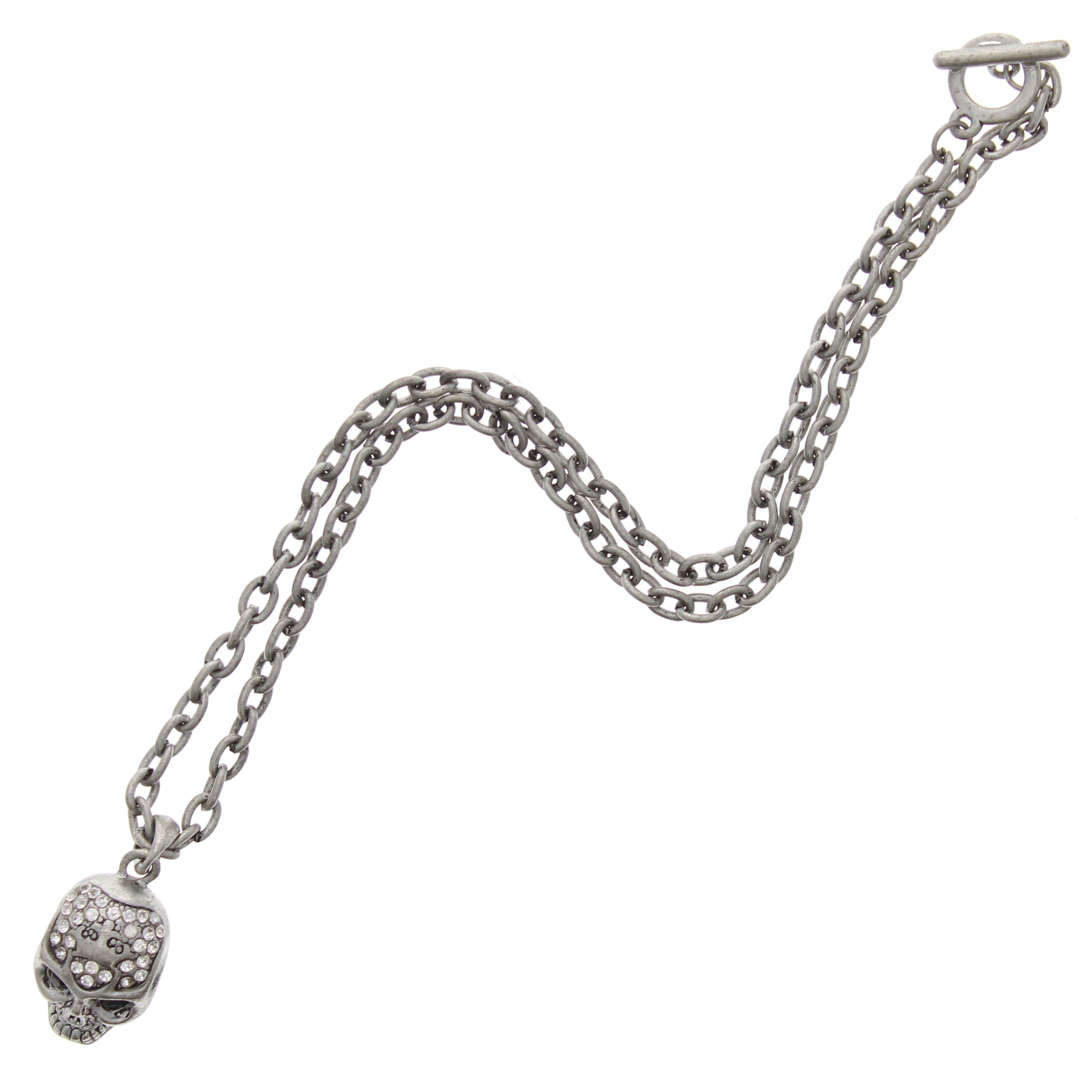 Burnished Silver Jewelled  Skull Necklace