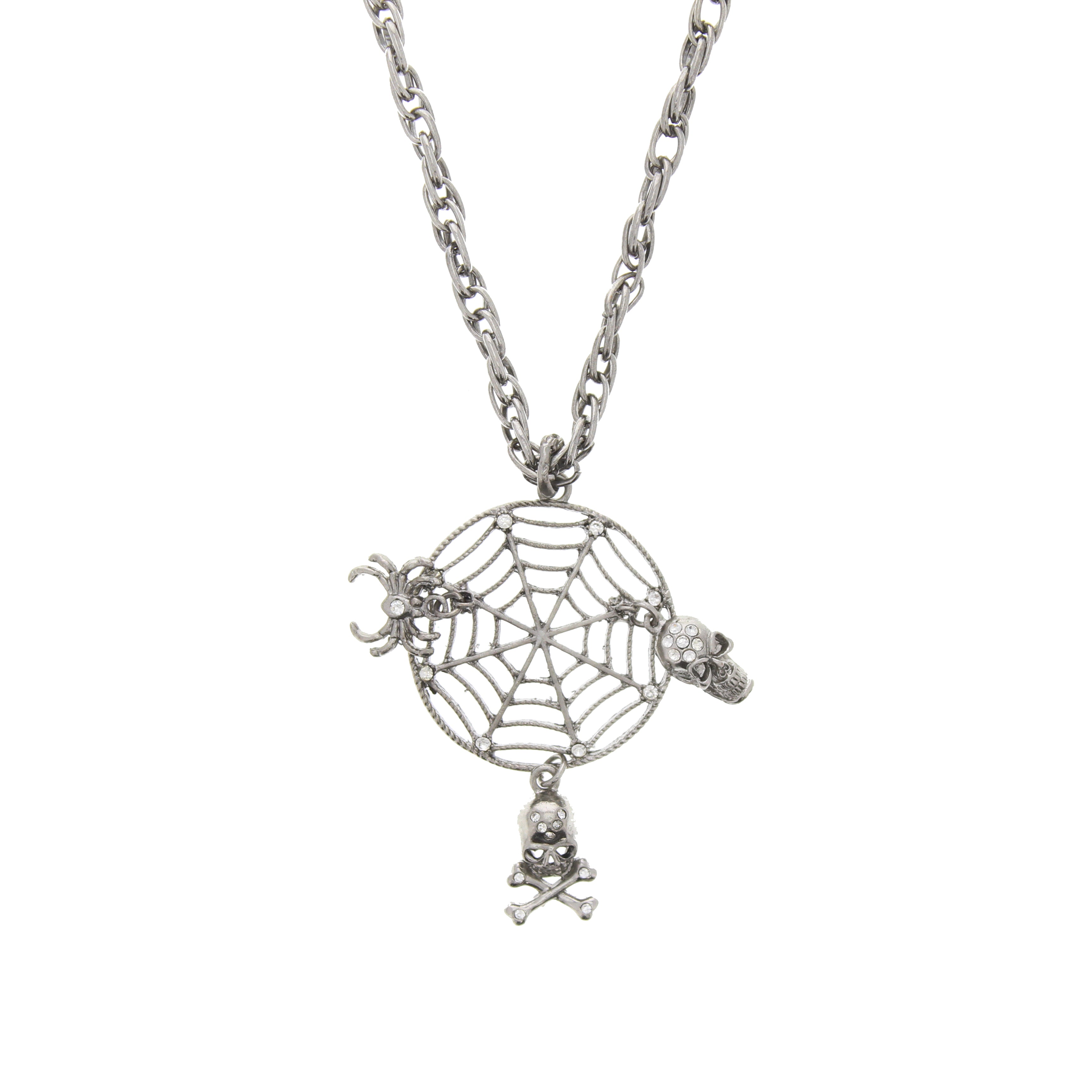 Spiderweb Necklace with Skull, Skull and Crossbones and Spider Charms
