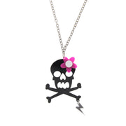 Black Plastic Skull & Crossbone Necklace with Pink Flower & Lightning