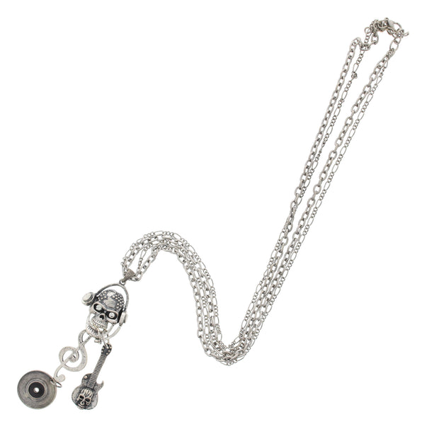 Musical Themed Diamante Skull Double Chain Necklace