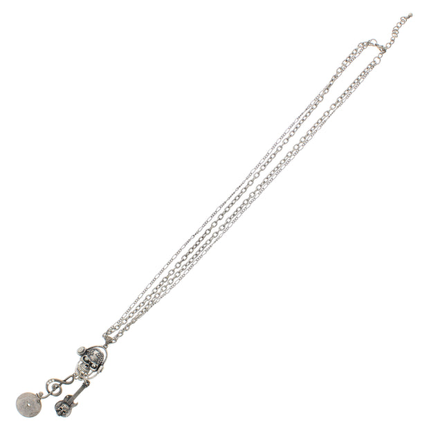 Musical Themed Diamante Skull Double Chain Necklace