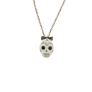 White Sugar Skull with Bow  Gold Chain Necklace
