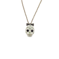 White Sugar Skull with Bow  Gold Chain Necklace