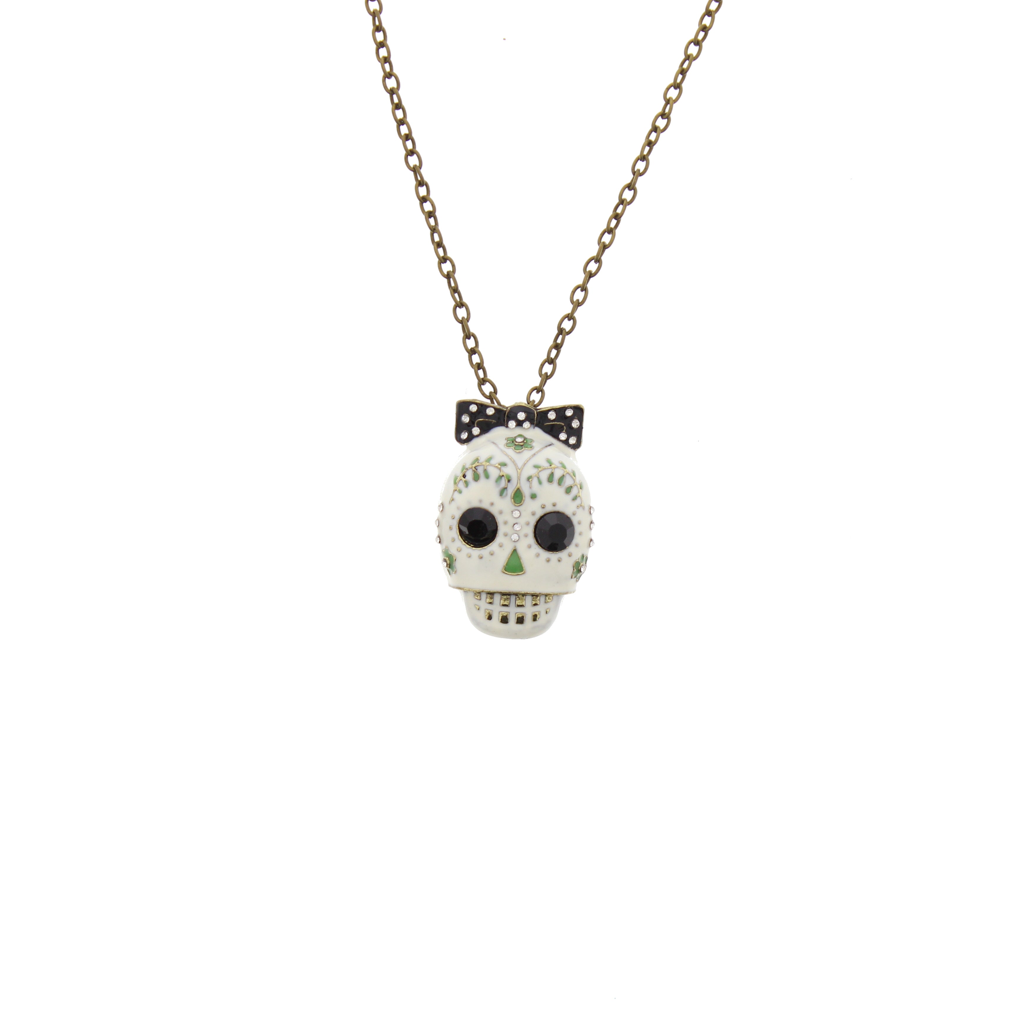 White Sugar Skull with Bow  Gold Chain Necklace